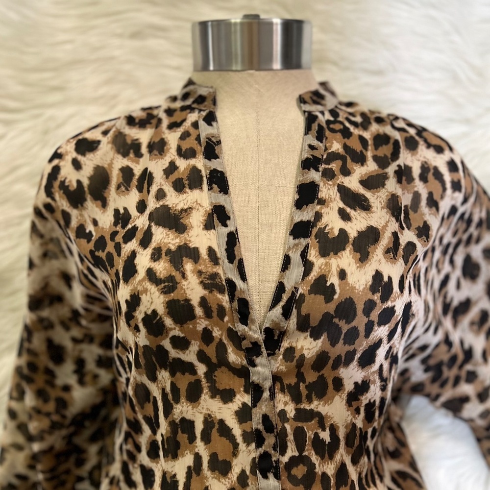 EUC [Guess] Sheer Leopard Top | Smocked Button Down Shirt Cheetah Blouse | Small - Picture 7 of 14